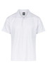 A white polo shirt featuring a collar and three buttons, with a logo on the label.