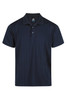 A navy blue polo shirt featuring a three-button placket and a logo on the chest.
