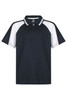 A navy polo shirt with white accents and a collar, featuring a three-button placket and a logo.