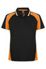 A black polo shirt with orange and white accents, featuring a collar and buttons, and a logo on the chest.