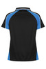 A black polo shirt with blue accents and a discreet logo on the back.