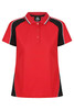 A red polo shirt with black accents, featuring a collar and buttons, and a logo on the label.