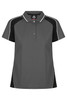 A grey polo shirt with black accents and white detailing, featuring a collar and three buttons.