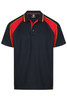 A navy blue polo shirt with red raglan sleeves and yellow accents, featuring a logo on the chest.