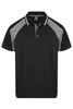 A black polo shirt with grey accents and a logo on the chest. Short sleeves and a classic collar design.