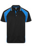A black polo shirt with blue and white accents, featuring a collar and buttons, and a logo on the front.