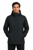 A black men's jacket with a hood, featuring a logo, and a front zip and button closure.