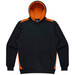 A black hoodie with orange accents, featuring a front pocket and a hood. It has a logo on the inside.