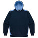 A navy blue hoodie featuring light blue accents and a front pocket, with a hood and a logo present.