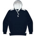 A navy men's hoodie featuring a white-lined hood and contrasting white panels. It has a front pocket and a logo.