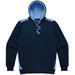 A navy blue hoodie with light blue accents, featuring a pouch pocket and a drawstring hood. It has a logo.