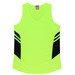 A bright fluorescent yellow singlet with black side panels and a v-neck design. It features a logo.