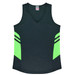 A black singlet featuring vibrant neon green side stripes and a V-neckline, with a logo on the label.