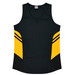 A black singlet with yellow accents and a logo. The design features a V-neck and sporty stripes.