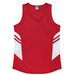 A red singlet featuring white side panels and stripes, with a branded logo on the upper part.
