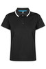 A black polo shirt featuring a classic collar and contrasting trim, complete with a logo.