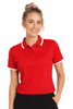 A red polo shirt with white accents, featuring a collar and buttons, designed for women.