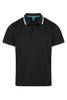 A black polo shirt featuring white stripe accents on the collar and sleeves, with a logo on the chest.