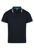 A navy blue men's polo shirt with white collar and sleeve accents, featuring a logo on the left side.