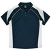 A navy blue polo shirt with white accents and a collar, featuring a logo on the label inside.