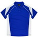 A blue polo shirt with white accents and a logo on the collar. Features a classic button-up design.