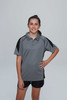 A grey polo shirt with black accents, featured on a model, showcasing a sporty design for kids.