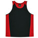 A black and red singlet featuring a logo, designed for kids, with a sporty, sleeveless cut.