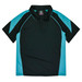 A black and teal polo shirt with a collar and a logo on the neck area. The shirt features contrasting side panels.