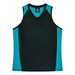 A black and teal sleeveless singlet featuring a V-neck design and detailing on the sides. It has a logo.