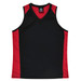 A black singlet with red side panels and a V-neck design. It features a logo on the label.