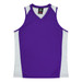 A purple singlet with white side panels and a v-neck design, featuring a logo.