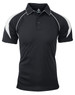 A black polo shirt with white accents and a logo on the chest, featuring a classic collar and short sleeves.