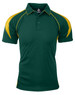 A green polo shirt with yellow accents and a collar, featuring a branding logo on the chest.