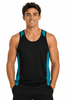 A man in a sleeveless black singlet with turquoise accents, featuring a logo on the chest.