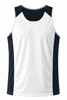 A white and navy singlet with a crew neck and contrasting side panels, featuring a logo.