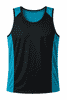 A black and teal men's singlet featuring a branded logo. Suitable for active wear.