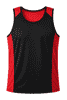 A black singlet with red accents, featuring a logo on the front. Designed for men.