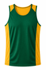 A green and gold men's singlet with a logo, featuring a sporty design and contrasting panels.