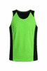 A bright green singlet with black side panels, featuring a simple design and a branding logo.