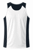 A men's singlet featuring a white front and navy blue sides, designed for casual wear or athletic use.