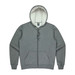A grey zip-up men's hoodie featuring a lined hood and front pockets, with a logo on the inside.
