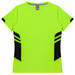 A bright yellow women's T-shirt featuring black side accents and a V-neck design. It has a logo on the label.