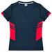 A navy and red women's T-shirt featuring a V-neck and contrasting side panels, with a logo.