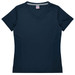 A navy blue short-sleeve women's t-shirt featuring a V-neck and side panel detailing. It includes a brand logo.