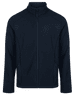 A navy soft shell jacket featuring a zip-up front and two side pockets, with a high neck design.