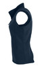 A navy blue sleeveless work vest featuring a zip front and two side pockets. It includes a logo.