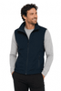 A navy sleeveless vest featuring a zip front, side pockets, and a logo on the chest.