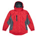 A red jacket with grey accents and a hood, featuring a zippered pocket on the front and a logo.