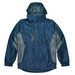 A navy blue and grey men's jacket with a hood, featuring a zippered front pocket and a logo.