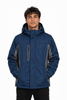 A navy blue and grey men's jacket with a hood and front zip, featuring a logo on the chest.